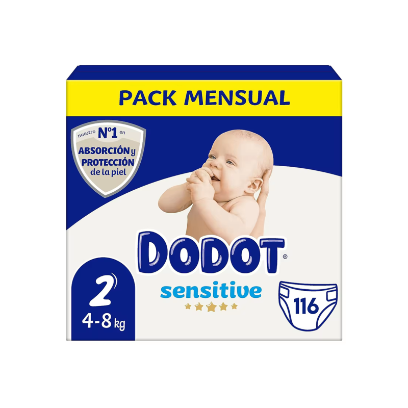 Pañales DODOT Sensitive pañales recién nacido de 4 a 8 kg talla 2 - Caja 116 unidades
