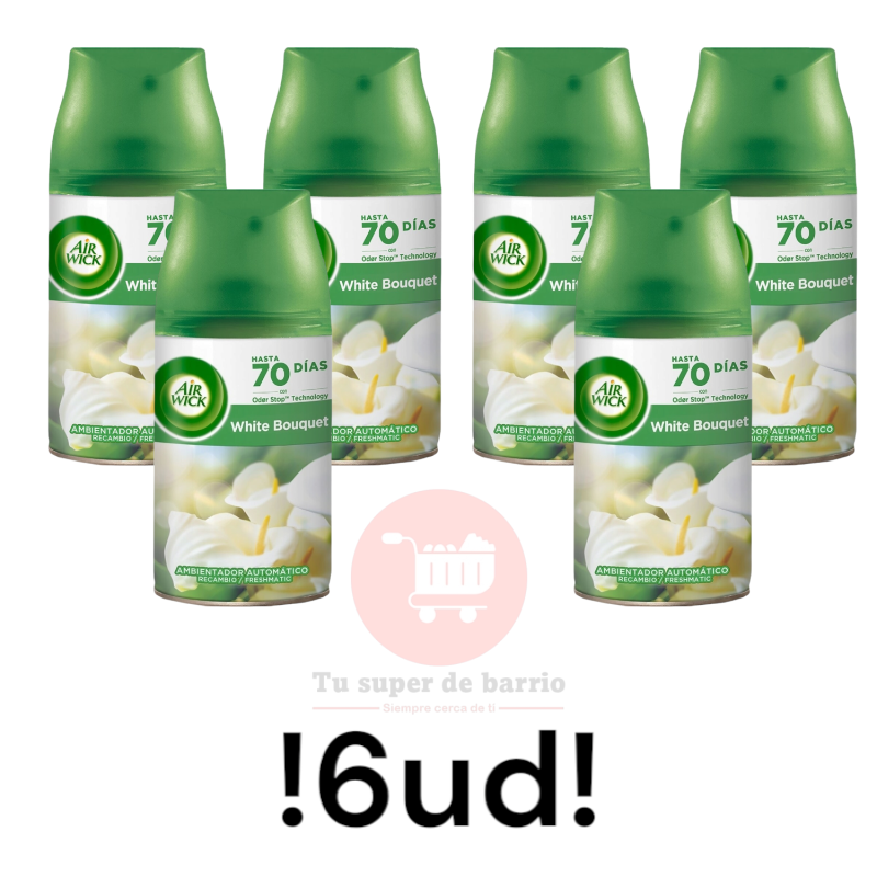 AIR WICK Ambientador automático frescor White Bouquet Flores Blancas recambio 6 unidades 250 ml