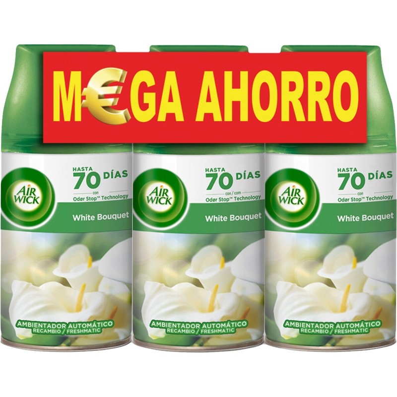 AIR WICK Ambientador automático frescor White Bouquet Flores Blancas recambio 3 unidades 250 ml