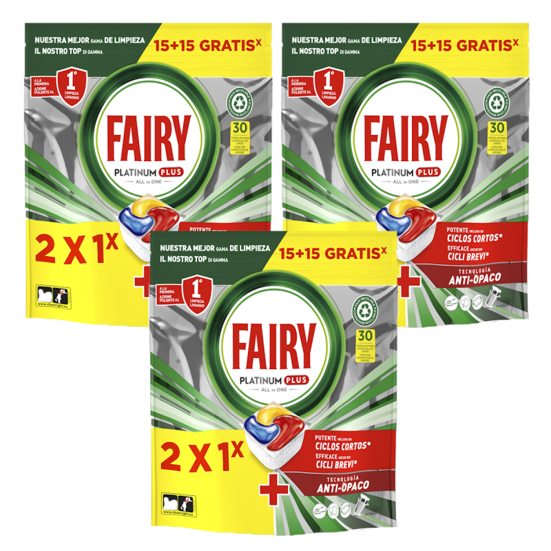3ud FAIRY detergente lavavajillas Platinum Plus All in 1 bolsa 30 pastillas - 90 pastillas en total