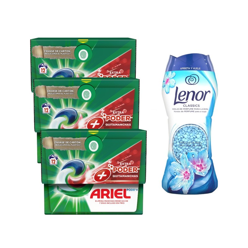 3UD Detergente ARIEL Todo en 1 Extra Poder Quitamanchas de 12 cápsulas (36 capsulas en total) + Perlas LENOR 210g