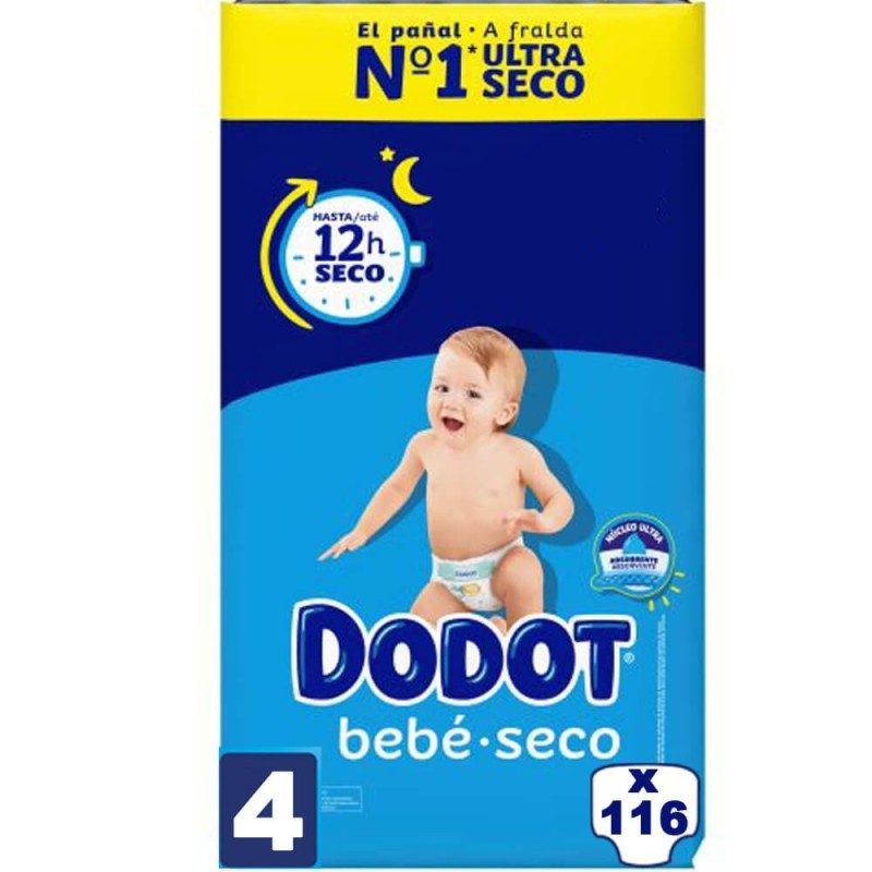 Pañales DODOT Bebé-Seco de 9 a 14 kg talla 4 - 116ud (2x58ud)