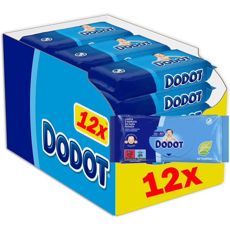Toallitas DODOT húmedas infantiles con fibras de origen vegetal recambio 64 unidades - 12 paquetes