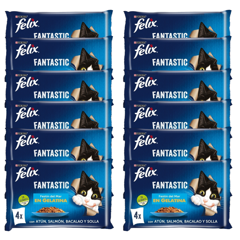FELIX Fantastic comida húmeda para gatos festín de mar en gelatina 4 bolsas 85 g - 12 unidades - 48 bolsitas total