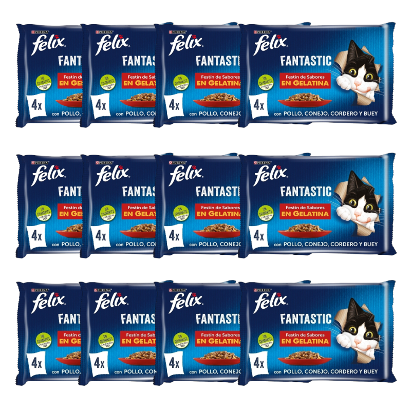 FELIX Fantastic comida húmeda para gatos festín de carnes en gelatina 4 bolsas 85 g - 12 unidades - 48 bolsitas total